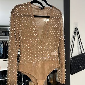 Nude bodysuit with faux pearls